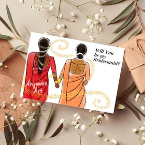 Quer ser minha madrinha de casamento? - Cartão digital | Ilustração de sari sul-asiático | Tom de pele e cores de roupa personalizados | Cartão de casamento