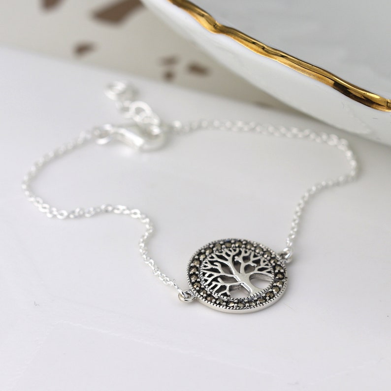 Sterling silver bracelet with a marcasite tree of life disc