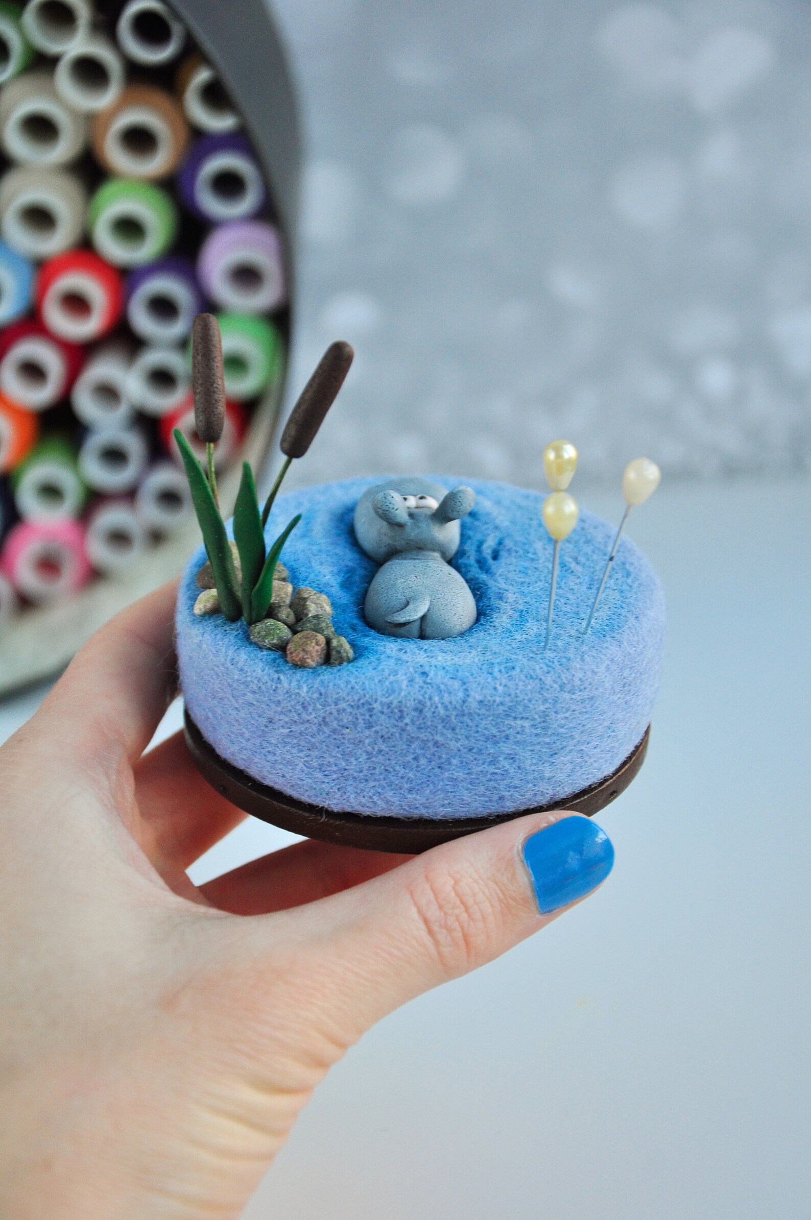 Needle Felted Pin Cushion With Polymer Clay Hippo Miniature in Etsy