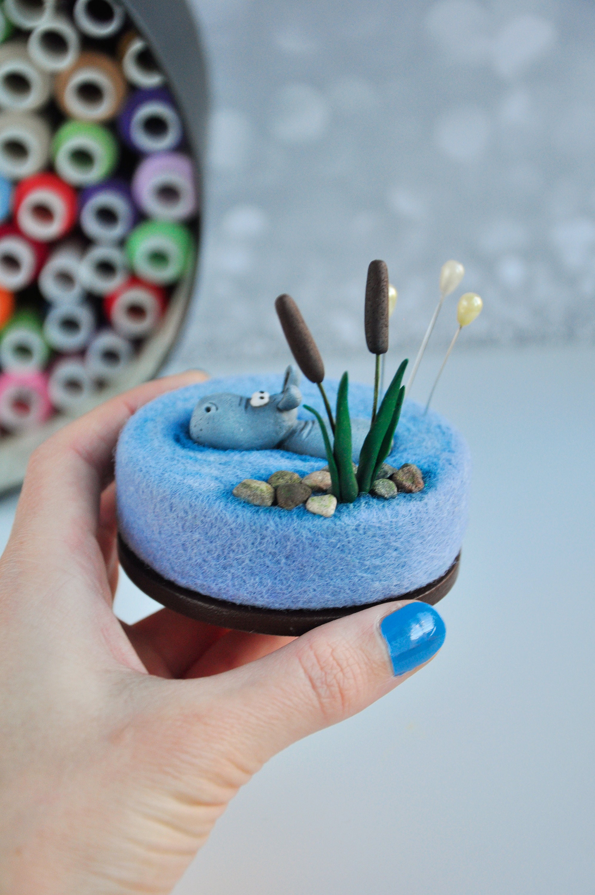 Needle Felted Pin Cushion With Polymer Clay Hippo Miniature in Etsy
