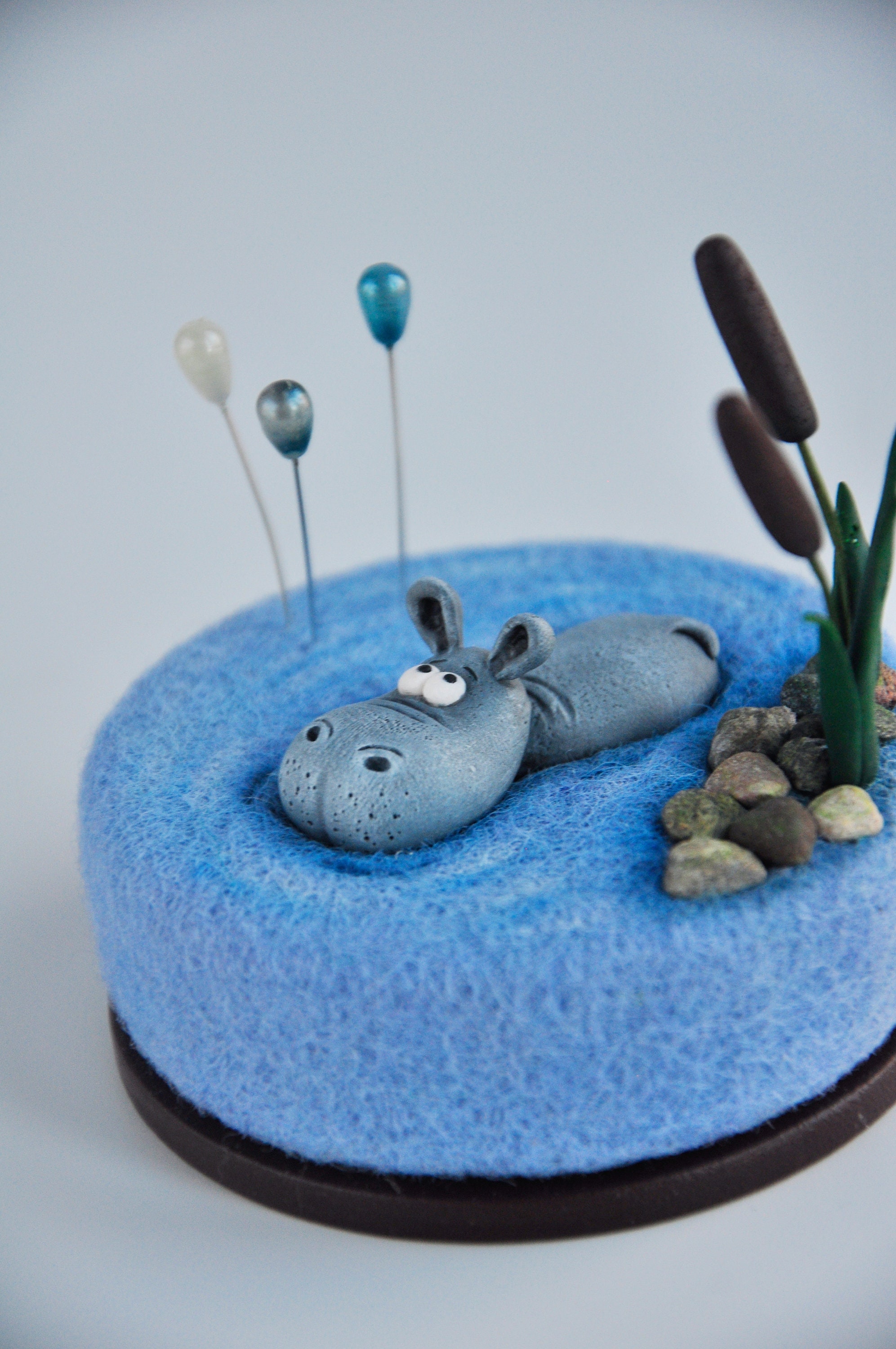 Needle Felted Pin Cushion With Polymer Clay Hippo Miniature in Etsy
