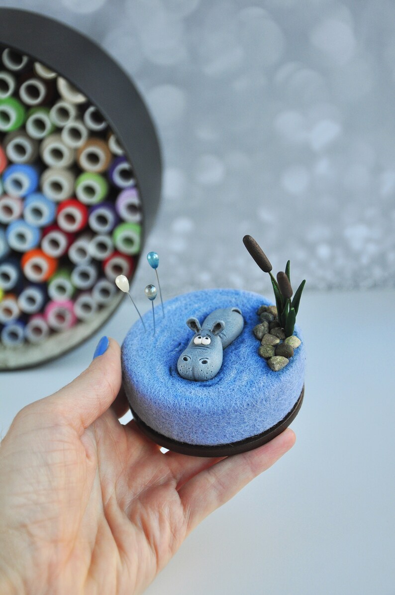 Needle Felted Pin Cushion With Polymer Clay Hippo Miniature in Etsy