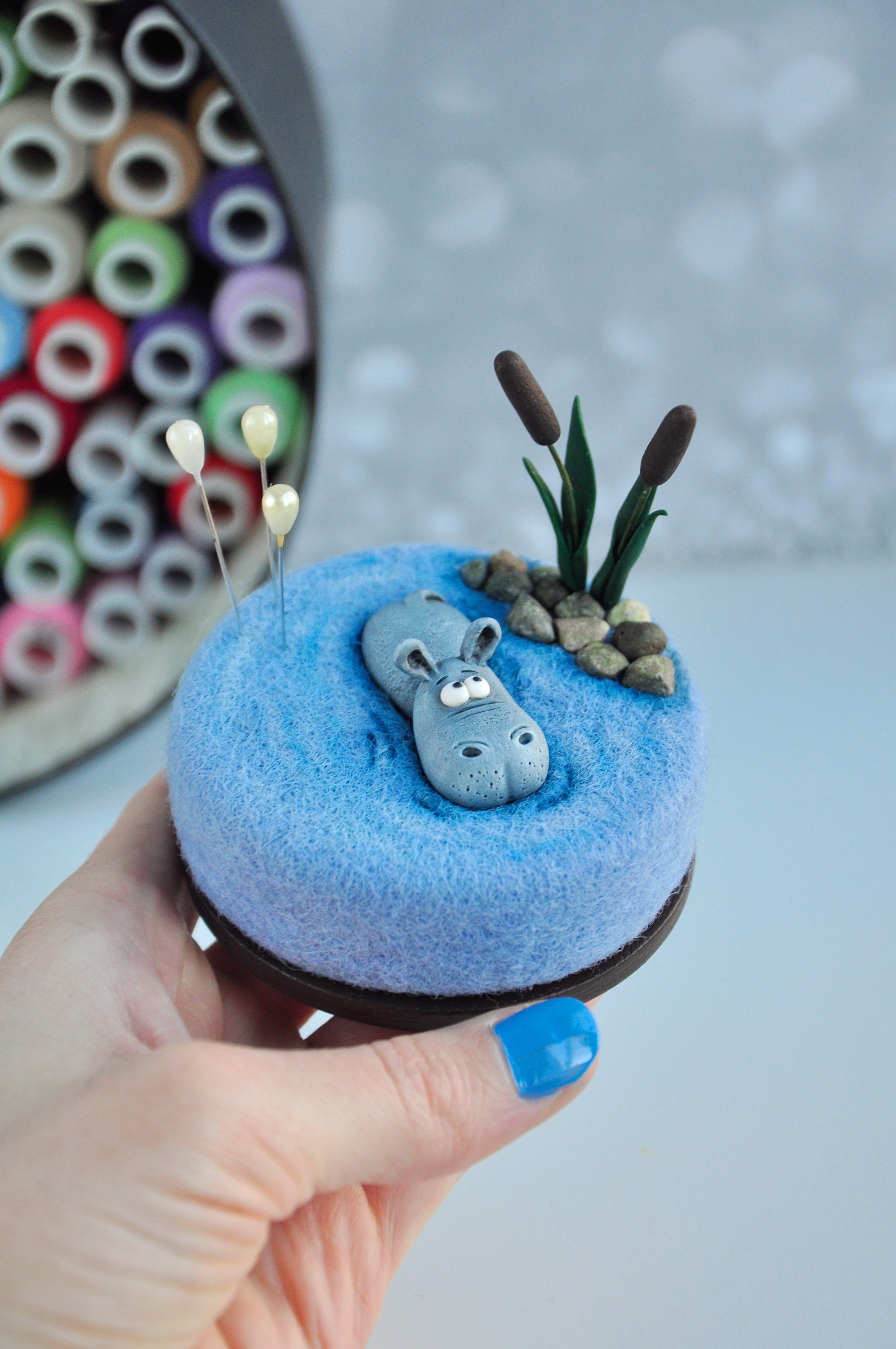 Needle Felted Pin Cushion With Polymer Clay Hippo Miniature in Etsy