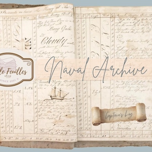 May include: An open book with aged paper pages displaying handwritten nautical records, a ship illustration, and the words "Naval Archive" and "Captain's Log." A logo for "Mille Feuilles Shop Since 2021" is also present. The pages are bound with a tan fabric.