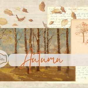 Peut inclure: Un collage numérique présentant une peinture centrale d'une forêt de bouleaux en automne avec des feuilles orange, surmontée du mot Autumn en écriture orange. Le fond inclut des lettres manuscrites anciennes, des feuilles brunes et un croquis d'arbre.