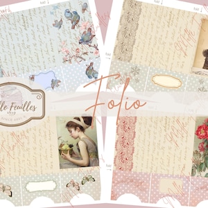 Puede incluir: Un conjunto de cuatro papeles folio de estilo vintage con una paleta de colores suaves. Cada folio presenta encajes decorativos, ilustraciones florales y de pájaros, y escritura manuscrita. El logotipo "Mille Feuilles shop" es visible. La palabra "Folio" está escrita en cursiva.