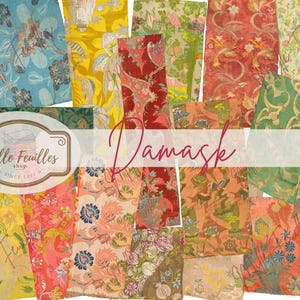 May include: A collection of colorful damask fabric swatches in various patterns and hues, including blue, yellow, red, and green. The image features the text "Damask" and a shop logo with the text "Mille Feuilles shop SINCE 2021".