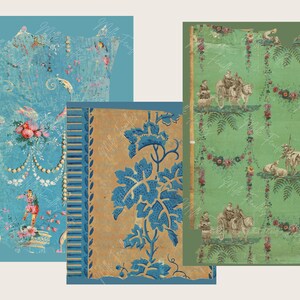 K&ouml;nnte beinhalten: Drei Vintage-Tapetenmuster mit verblassten floralen und geometrischen Mustern. Das erste Muster hat einen hellblauen Hintergrund mit rosa Blumen und einer Perlenkette. Das zweite Muster hat einen gelben Hintergrund mit blauen Blumenmustern. Das dritte Muster hat einen gr&uuml;nen Hintergrund mit rosa Blumen und einem sich wiederholenden Muster von Menschen, die auf Pferden reiten.