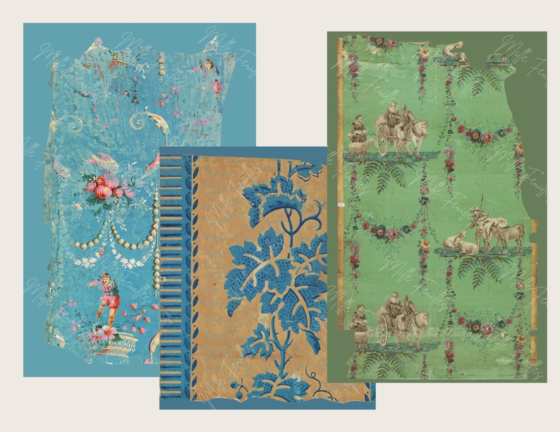 K&ouml;nnte beinhalten: Drei Vintage-Tapetenmuster mit verblassten floralen und geometrischen Mustern. Das erste Muster hat einen hellblauen Hintergrund mit rosa Blumen und einer Perlenkette. Das zweite Muster hat einen gelben Hintergrund mit blauen Blumenmustern. Das dritte Muster hat einen gr&uuml;nen Hintergrund mit rosa Blumen und einem sich wiederholenden Muster von Menschen, die auf Pferden reiten.