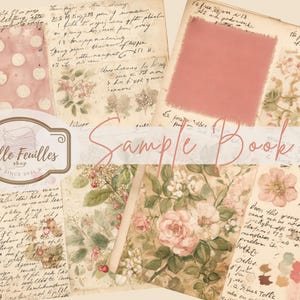 May include: A vintage-style sample book with handwritten notes, floral illustrations, and a pink polka dot pattern. The text "Sample Book" is overlaid. The Mille Feuilles shop logo is visible.