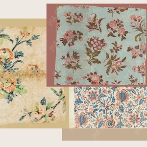 K&ouml;nnte beinhalten: Drei Muster von Vintage-Tapeten mit floralen Mustern. Das erste Muster ist ein verblasstes blaues und gr&uuml;nes Blumenmuster auf cremefarbenem Hintergrund. Das zweite Muster ist ein blaues und rosafarbenes Blumenmuster auf hellblauem Hintergrund. Das dritte Muster ist ein blaues und rosafarbenes Blumenmuster auf wei&szlig;em Hintergrund.