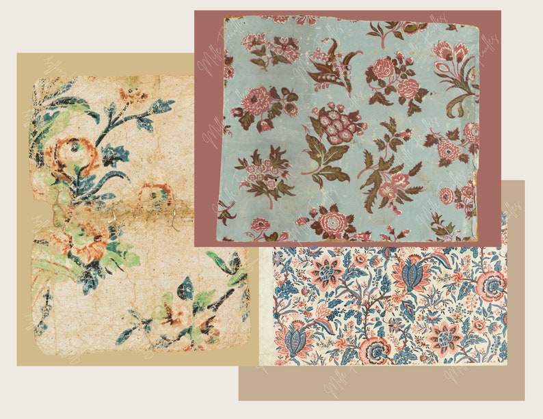 K&ouml;nnte beinhalten: Drei Muster von Vintage-Tapeten mit floralen Mustern. Das erste Muster ist ein verblasstes blaues und gr&uuml;nes Blumenmuster auf cremefarbenem Hintergrund. Das zweite Muster ist ein blaues und rosafarbenes Blumenmuster auf hellblauem Hintergrund. Das dritte Muster ist ein blaues und rosafarbenes Blumenmuster auf wei&szlig;em Hintergrund.