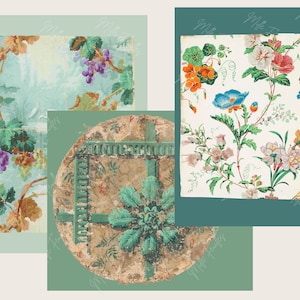 K&ouml;nnte beinhalten: Drei Vintage-Tapetenmuster mit floralen und Weinrebenmustern. Die Muster sind auf einem hellgr&uuml;nen Hintergrund. Das Blumenmuster ist in Schattierungen von Rosa, Blau, Orange und Gelb. Das Weinrebenmuster ist in Schattierungen von Gr&uuml;n, Lila und Braun. Die Muster sind alle leicht besch&auml;digt und haben einige Risse und Falten.