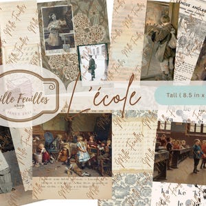 May include: A digital collage sheet titled L'école featuring vintage illustrations of children in classrooms, handwritten cursive script, and floral patterns. The collection includes various historical scenes and text elements, measuring 8.5 inches by 11 inches.