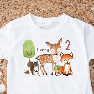 Forest animals iron-on picture or t-shirt birthday personalized with desired name and age forest animal fox bear boy girl