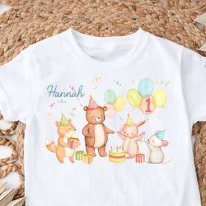 Iron-on picture or t-shirt forest animals birthday iron-on picture with desired name and age personalized bear fox rabbit mouse