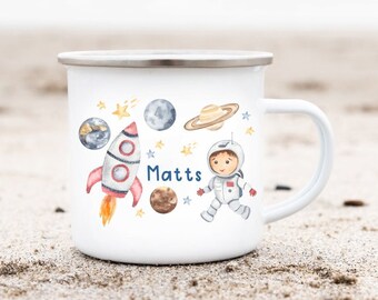 Tasse Weltraum personalisiert Wunschname Emaille Keramik Becher Kindertasse Emaillebecher Keramikbecher Wald Junge Mädchen