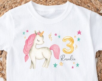 Einhorn Bügelbild oder TShirt Geburtstag Bügelbild mit Wunschname und Alter personalisiert Pony Mädchen rosa Pferdemädchen