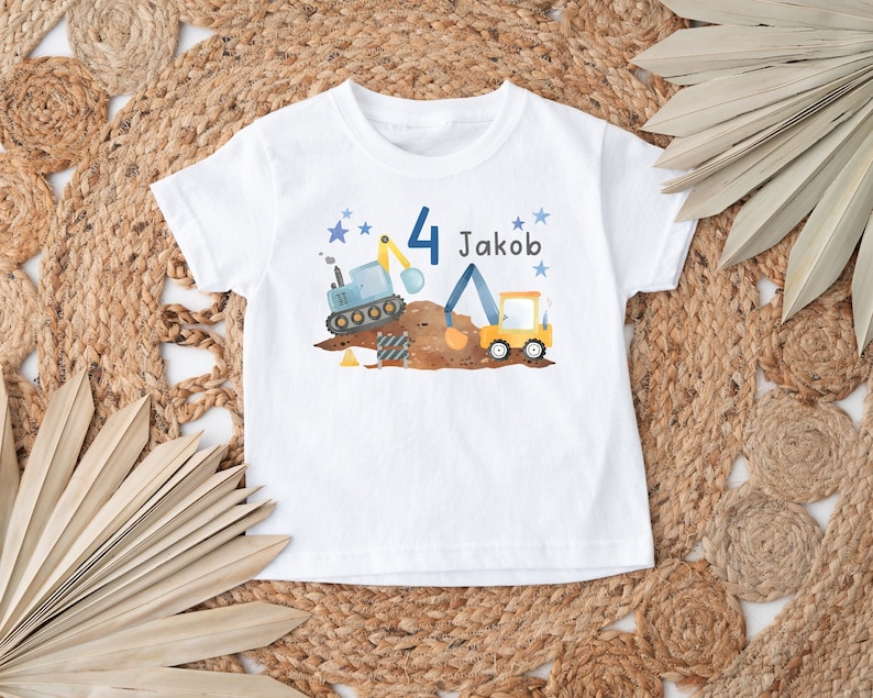 Iron-on picture or t-shirt construction site blue birthday iron-on picture with desired name and age personalized excavator wheel loader construction site construction worker image 1