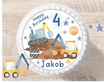 Cake topper birthday construction site personalized name number fondant sugar picture boy girl construction worker birthday party birthday cake