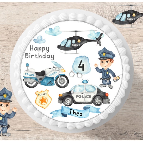 Tortenaufleger Geburtstag Polizei personalisiert Name Zahl Fondant Zuckerbild Junge Mädchen Polizist  Torte Party Blaulicht Hubschrauber