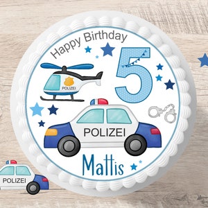 Cake topper birthday police personalized name number fondant sugar picture boy girl policeman cake party blue light helicopter