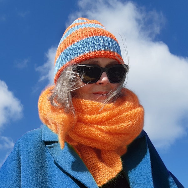 Unique, orange, XL-Soft mohair scarf-silk, triangular scarf, shoulder scarf, hat light blue-neon orange striped