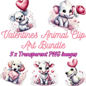 Valentines Animal Clipart, 5 Transparent PNG, Valentines Day PNG, Valentine Animals, Watercolor Valentine