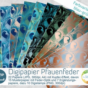 Op de afbeelding: Een set van 22 digitale papieren met een pauwenveerpatroon in tinten blauw, groen en koper. De papieren zijn 300 dpi en in A4-formaat. De set bevat ook 10 digitale stempels.