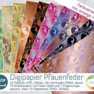 Digipapier Pfauenfeder mit Kupfer-Optik, Farbvariante Orange, Rosa, mit passendendem DigiStamp zum Sofortdownload von senSEASONal