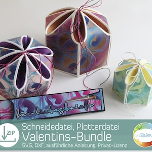 May include: A digital download for a Valentine's Day craft project. The image shows three colorful paper boxes with a marbled design. The boxes are tied with string and have a tag that says "for love letters". The download includes SVG and DXF files, instructions, and a private license.