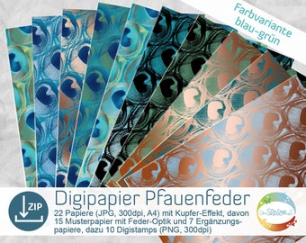 Digipaper peacock feather with copper look, color variant blue, green, turquoise, with matching DigiStamp for immediate download of senSEASONal