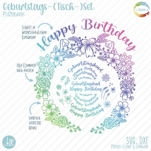 Plotterdatei Blumenkranz für Geburtstag, SVG für ein Tischset, Geburtstagskind, Happy Birthday, Glückwünsche, Design von senSEASONal