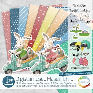 Grafik Hase auf Roller, Digi-Stamp-Set Hasenfahrt, inkl. Papiere und Sayings für Ostern, Osterhase, Hasenmädchen, Hasenjunge auf Motorrad