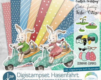 Grafik Hase auf Roller, Digi-Stamp-Set Hasenfahrt, inkl. Papiere und Sayings für Ostern, Osterhase, Hasenmädchen, Hasenjunge auf Motorrad