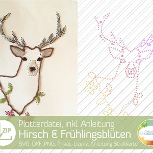 Plotter file deer with spring flowers, instructions for embroidery card, thread graphics, embroidery, antlers, spring, plot file of senSEASONal image 1