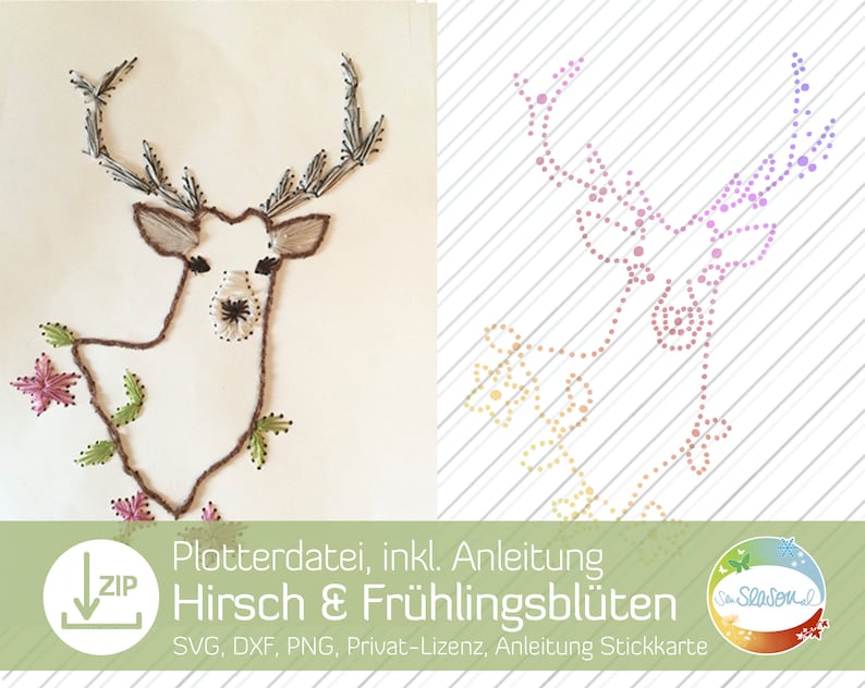 Plotter file deer with spring flowers, instructions for embroidery card, thread graphics, embroidery, antlers, spring, plot file of senSEASONal image 1