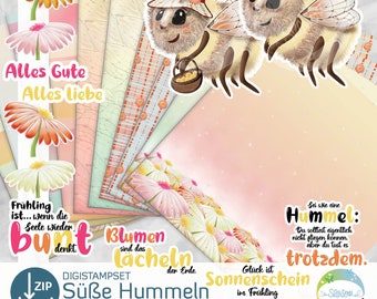 Hummel, Grafik süße Hummeln mit Körbchen, Blumen, Sprüchen, DigiStamp rund um Positivität und Frühling von senSEASONal