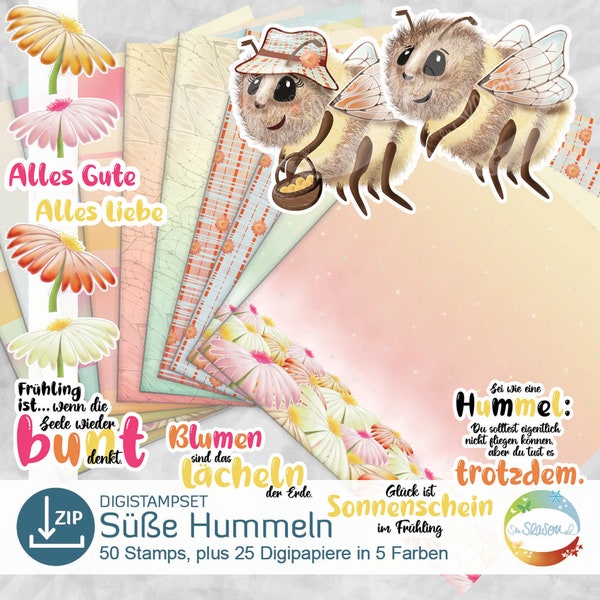 Hummel, Grafik süße Hummeln mit Körbchen, Blumen, Sprüchen, DigiStamp rund um Positivität und Frühling von senSEASONal