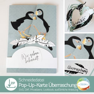 Carte pop-up avec fichier plotter, carte surprise avec macareux, pour des occasions telles que save the date, naissance, faire-part, cadeau en espèces