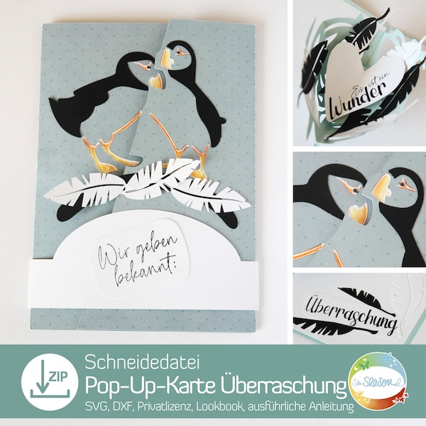 Plotter file pop-up card, surprise card with puffin, for occasions such as save the date, birth, announcement, gift of money