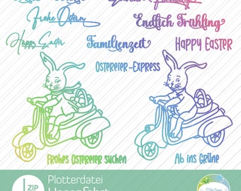 Plott Hasenfahrt, Osterhase Folienplott, Ostern, Frühling, Ostereier, Mehrfarbenplott Hase auf Roller