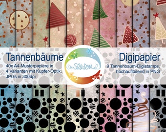 Digipapier Tannenbäume Weihnachten, weihnachtliches Digi-Paper mit Tannenbaum-Digistamps von senSEASONal, Weihnachtspapier mit Christbäumen