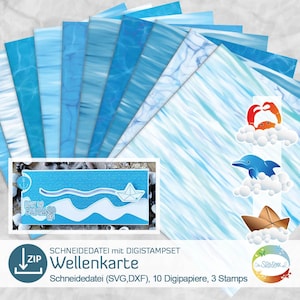 File di taglio per biglietti d'auguri con onde, SVG, DXF, più set di 10 digistamp per saluti marittimi, digistamp delfino, barchetta di carta, granchio