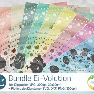 Kombi-Paket Digipapier und Plotterdatei Ei-Volution, mit Küken und Ei, großes Oster-Bundle für deine Plott-Deko von senSEASONal
