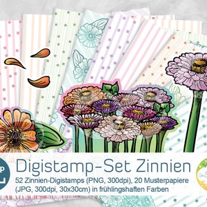 May include: A digital stamp set featuring 52 zinnias in various colors and 20 patterned papers. The zinnias are in a bouquet with green stems and leaves. The patterned papers are in a variety of colors and patterns, including stripes, polka dots, and floral designs. The text "Digistamp-Set Zinnien" is displayed in a blue box with a white zipper icon. The text "52 Zinnien-Digistamps (PNG, 300dpi), 20 Musterpapiere (JPG, 300dpi, 30x30cm) in frühlingshaften Farben" is displayed below the blue box. The text "S Seasonal" is displayed in a circle with a snowflake icon.