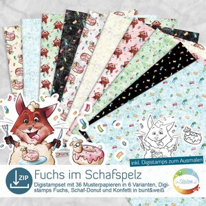 Renard graphique déguisé en mouton, tampons numériques et papiers pour carnaval, fêtes, anniversaires, anniversaires d'enfants, confettis, fêtes