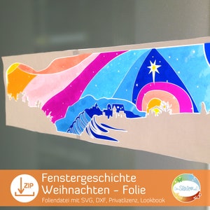 May include: A digital download for a window cling featuring a colourful rainbow, a star, and a silhouette of a town with a church. The text "Fenstergeschichte Weihnachten - Folie" is at the bottom of the image. The text "Foliendatei mit SVG, DXF, Privatlizenz, Lookbook" is below the first line of text. The text "Sa Season" is in a circle at the bottom right of the image.