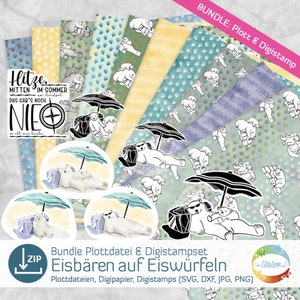 May include: A digital download bundle of printable papers and digital stamps featuring polar bears on ice cubes. The papers are in various colours and patterns, including blue, green, yellow, and white. The digital stamps are black and white and feature polar bears with sunglasses and umbrellas.