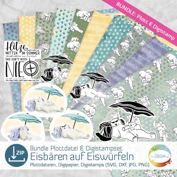 Bundle Polarbär auf Eiswürfel, Digistampset und Plottdatei, großes Download-Paket mit Eisbär, Bärenbaby, Sommer-Sprüchen von senSEASONal